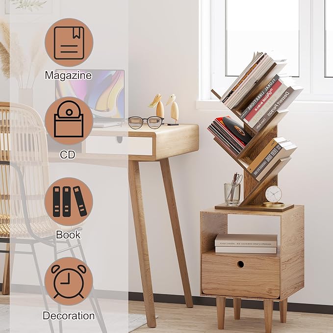 SUNMORY 4 Tier Tree Bookshelf, Small Bookcase, Modern Narrow Bookshelves Organizer, Floor Standing Book Shelf for Bedroom/Living Room/Home Office/Corner, Brown - LeafyLoom