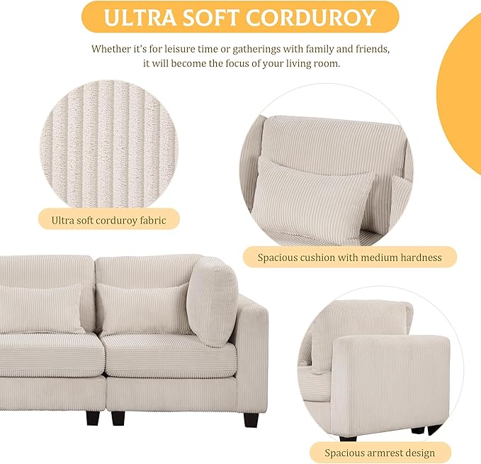99.6" 5 Pieces L-Shaped Modular Sectional Sofa with Removable Ottomans and Waist Pillows, Modern Corduroy Fabric Upholstered Couch for Living Room, Apartment, Studio, Beige, 99.6 Inch - LeafyLoom
