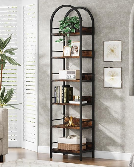 78.7 Inches Tall Arched Bookshelf, 6 Tiers Skinny Open Bookcase with Metal Frame, Freestanding Corner Display Shelves Rack for Living Room, Home Office, Brown - LeafyLoom