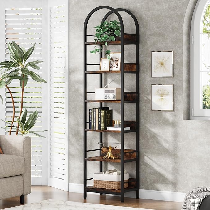 78.7 Inches Tall Arched Bookshelf, 6 Tiers Skinny Open Bookcase with Metal Frame, Freestanding Corner Display Shelves Rack for Living Room, Home Office, Brown - LeafyLoom