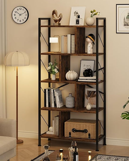 5 Tier Bookshelf with Storage, 61 Inch Tall Industrial Book Shelf with Open Display Bookshelves, 5 Shelf Bookcase with Metal Frame for Living Room, Bedroom and Home Office-Rustic Brown - LeafyLoom