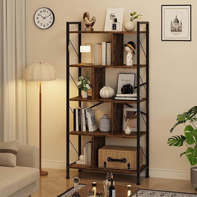 5 Tier Bookshelf with Storage, 61 Inch Tall Industrial Book Shelf with Open Display Bookshelves, 5 Shelf Bookcase with Metal Frame for Living Room, Bedroom and Home Office-Rustic Brown - LeafyLoom