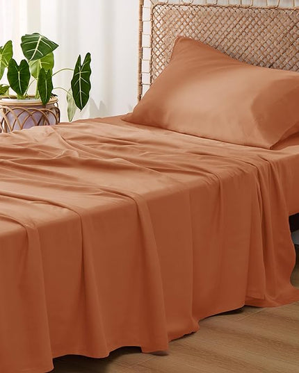 Bedsure Twin XL Sheet Set Dorm Bedding, Cooling Sheets Twin Extra Long Sheets, Rayon Derived from Bamboo, Deep Pocket Up to 16", Hotel Luxury Silky Bedding Sheets & Pillowcases, Burnt Orange - LeafyLoom