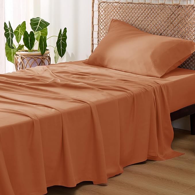 Bedsure Twin XL Sheet Set Dorm Bedding, Cooling Sheets Twin Extra Long Sheets, Rayon Derived from Bamboo, Deep Pocket Up to 16", Hotel Luxury Silky Bedding Sheets & Pillowcases, Burnt Orange - LeafyLoom