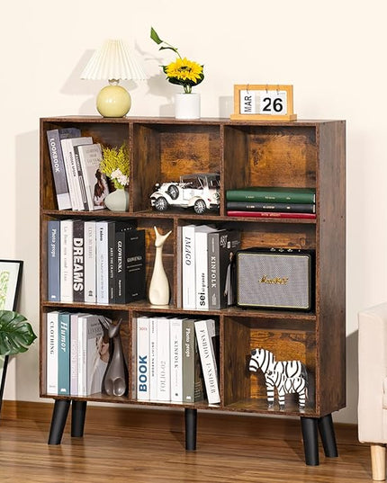 LEYAOYAO 8 Cube Bookshelf,3 Tier Bookcase with Legs,Rustic Brown Mid-Century Modern Bookshelves,Large Open Storage Organizer Shelf, Wooden Book Case - LeafyLoom