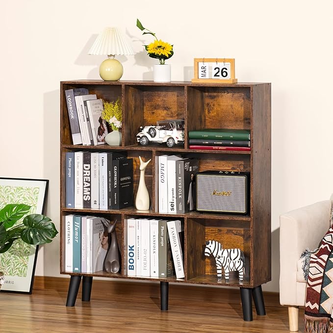 LEYAOYAO 8 Cube Bookshelf,3 Tier Bookcase with Legs,Rustic Brown Mid-Century Modern Bookshelves,Large Open Storage Organizer Shelf, Wooden Book Case - LeafyLoom