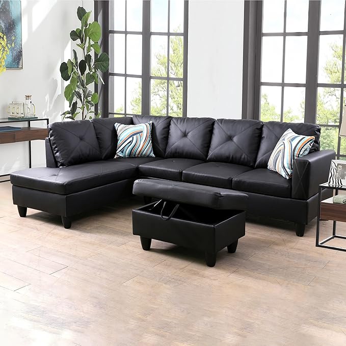 L-Shaped Sectional Couches with 66.5'' Chaise Lounge & Storage Ottoman Modular Room Sofas for Home Office Apartment, Large Living Furniture, 97'' Left Hand Facing, Black Faux Leather - LeafyLoom