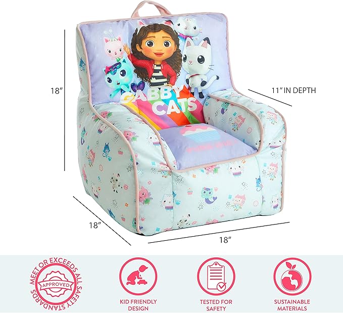 Idea Nuova Gabby's Dollhouse Kids Fabric Bean Bag Chair with Piping & Top Carry Handle, Large - LeafyLoom