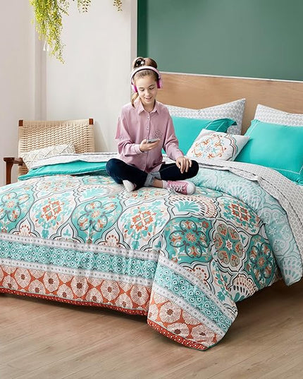 Degrees of Comfort Twin Bed in A Bag 6 Piece, Lattice Boho Bedding Sets for Teen Girls, Aqua Floral Bed Set, Microfiber Colorful Comforter Set with Sheets, Matching Decorative Pillow - LeafyLoom