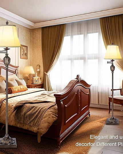 Traditional LED Floor Lamp with 350° Adjustable Swing Arm Lamp – Vintage Standing Pole lamp for Living Room, Bedroom and Office – Rustic Upright Floor Light for Home Décor with Silk Fabric Shade - LeafyLoom