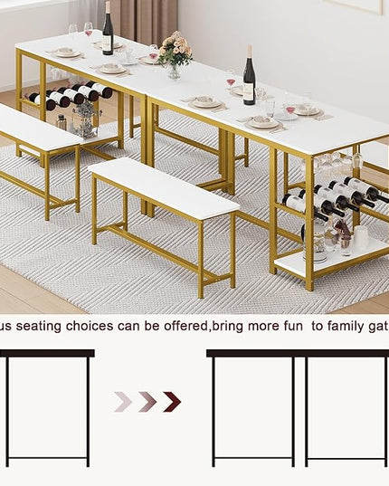 3-Piece Kitchen Table for 4, 55" Dining Table Set with 2 Benches, Dining Room Table with Metal Frame, Storage Shelf, Wine and Glass Rack, Modern (white) (White) - LeafyLoom