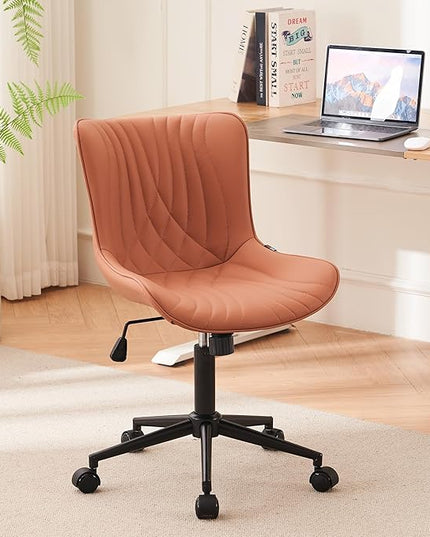 YOUNIKE Office Chair, Armless Desk Chair with Wheels, Home Office Computer Task Chairs, Modern Faux Leather Upholstered Vanity Chair, Adjustable Swivel Rocking Office Chair with Back, Pink - LeafyLoom