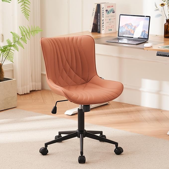 YOUNIKE Office Chair, Armless Desk Chair with Wheels, Home Office Computer Task Chairs, Modern Faux Leather Upholstered Vanity Chair, Adjustable Swivel Rocking Office Chair with Back, Pink - LeafyLoom