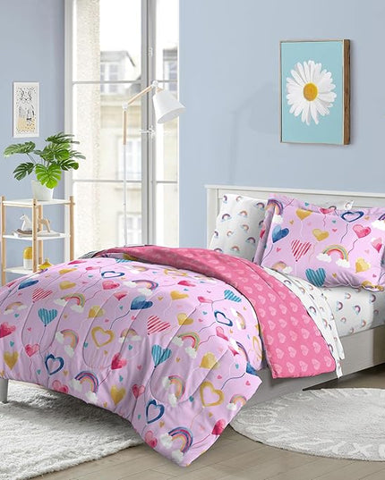 Dream Factory Kids 5-Piece Complete Bed Set Easy-Wash Super Soft Microfiber Comforter Bedding, Twin, Lilac Balloon Hearts - LeafyLoom
