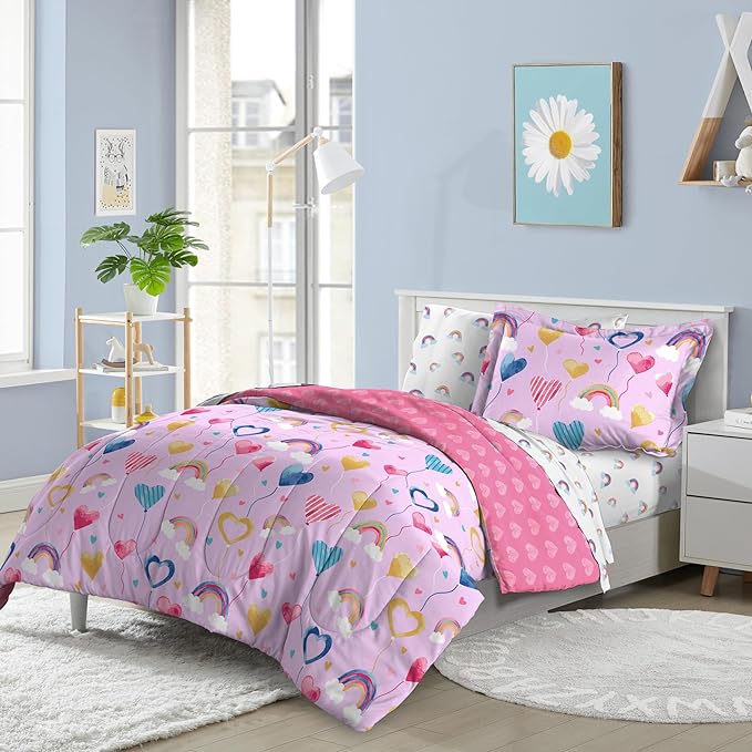 Dream Factory Kids 5-Piece Complete Bed Set Easy-Wash Super Soft Microfiber Comforter Bedding, Twin, Lilac Balloon Hearts - LeafyLoom