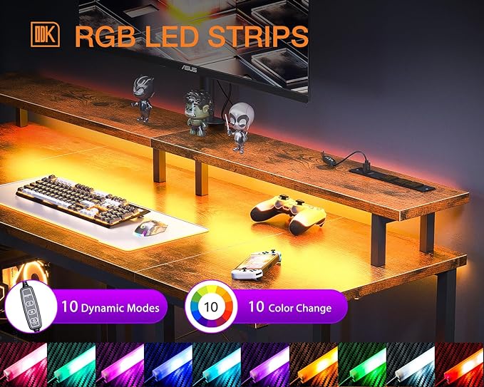 ODK 48 inch Gaming Desk with LED Lights & Power Outlets, Computer Desk with Monitor Stand & Storage Sheves, CPU Stand, Home Office Desk, Vintage - LeafyLoom