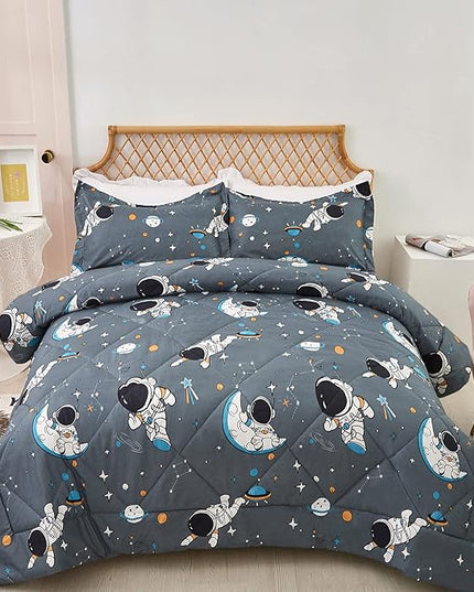 JSD Grey Astronaut Kids Comforter Set for Boys Toddler, 3 Pieces Queen Microfiber Comforter with Pillow Sham, Soft Comfortable Machine Washable - LeafyLoom