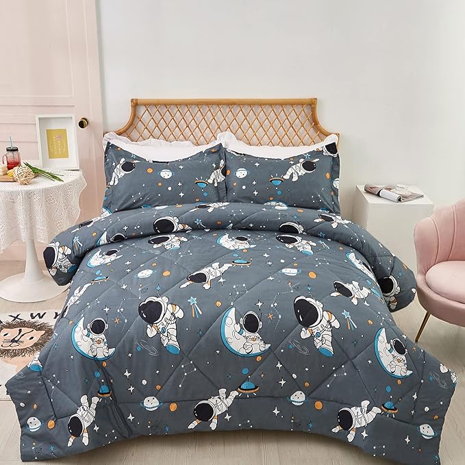 JSD Grey Astronaut Kids Comforter Set for Boys Toddler, 3 Pieces Queen Microfiber Comforter with Pillow Sham, Soft Comfortable Machine Washable - LeafyLoom
