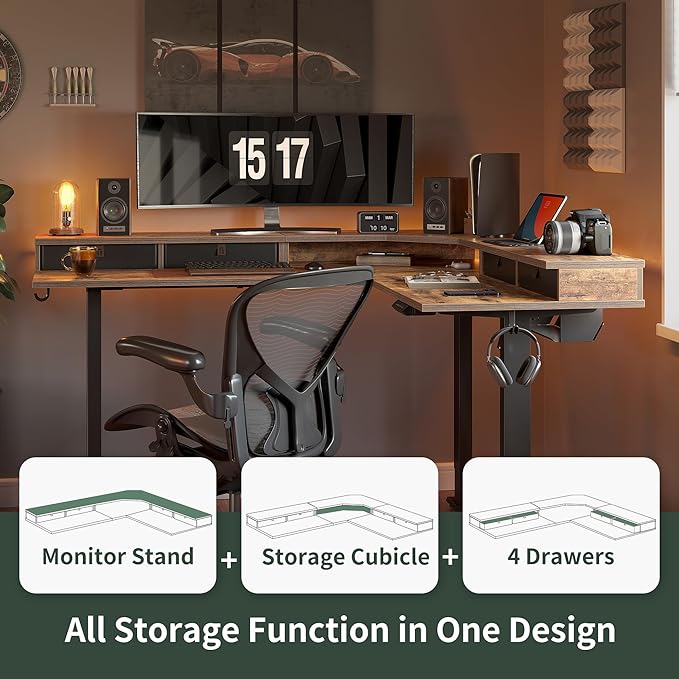 FEZIBO 63" L Shaped Standing Desk with 4 Drawers, Electric Standing Gaming Desk Adjustable Height, Corner Stand up Desk with Splice Board, Black Frame/Rustic Brown Top - LeafyLoom
