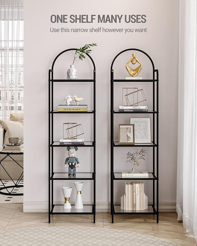 Bookcase Bookshelf, Tempered Glass Bookshelves, Slim Shelving Unit for Bedroom, Bathroom, Home Office, Steel Frame, 5 Tier Black BC05001B - LeafyLoom