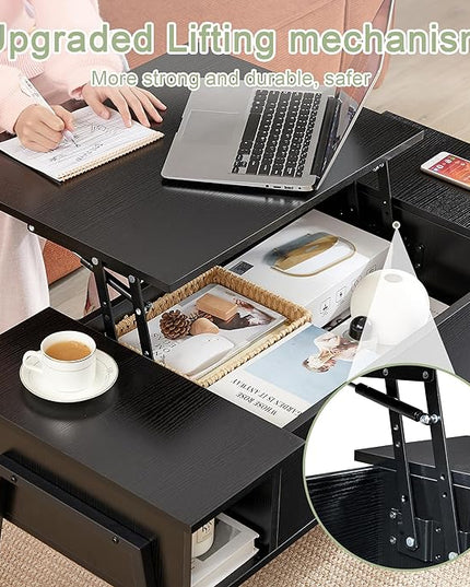 VECELO Wood Lift Top Coffee Table with Hidden Compartment and Storage Shelf for Living Room/Office Reception, Rising Tabletop, Brown, Large, Black - LeafyLoom
