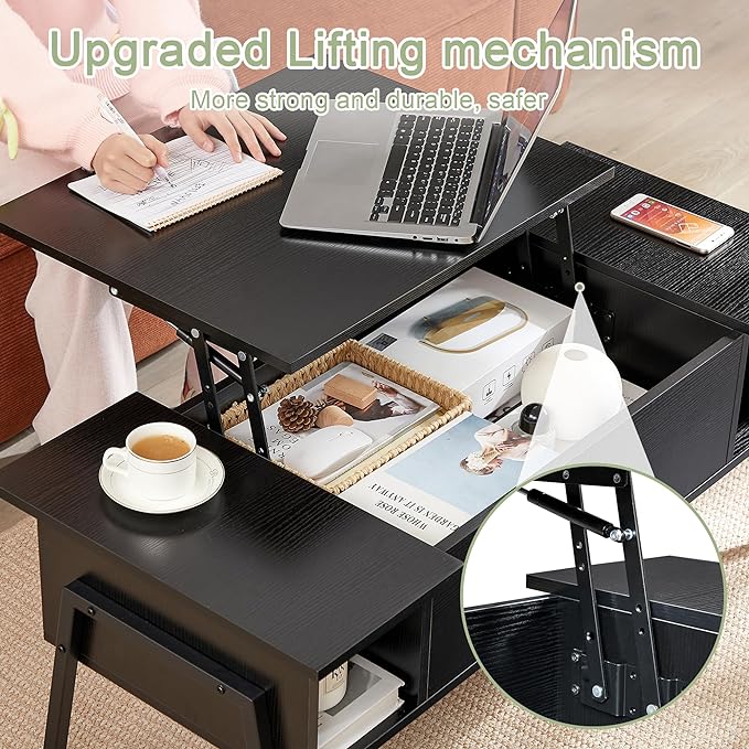 VECELO Wood Lift Top Coffee Table with Hidden Compartment and Storage Shelf for Living Room/Office Reception, Rising Tabletop, Brown, Large, Black - LeafyLoom