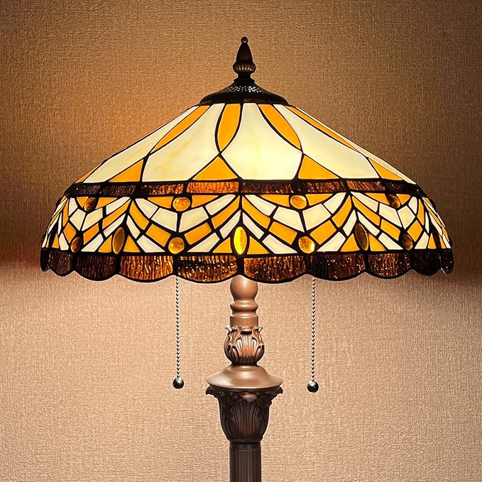 Capulina Tiffany Floor Lamp Amber Melody Antique Style Stained Glass Standing Reading Light 2-Light 16X16X66 Inches for Living Room Bedroom Home Office - LeafyLoom