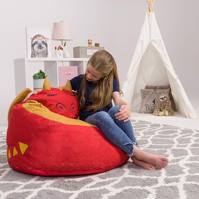 Posh Creations Cute Soft and Comfy Bean Bag Chair for Kids, Large, Animal - Red Dragon - LeafyLoom
