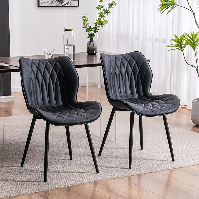 YOUNIKE Dining Chairs Set of 2, Upholstered Faux Leather Kitchen & Dining Room Chairs, Modern Living Room Bedroom Side Chairs with Wide Wing Back and Adjustable Metal Legs, Black - LeafyLoom