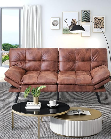 MUUEGM Futon Couch Bed Sleeper Convertible Modern Memory Foam Love seat,Faux Leather Foldable Daybed for Living Room Office Apartment,Adjustable Armrest&Backrest Sofas, Light Brown - LeafyLoom
