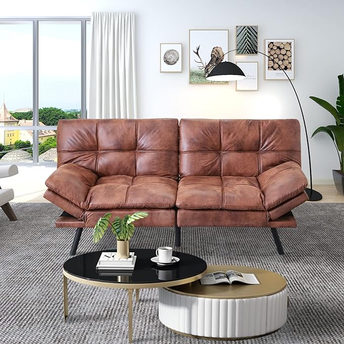 MUUEGM Futon Couch Bed Sleeper Convertible Modern Memory Foam Love seat,Faux Leather Foldable Daybed for Living Room Office Apartment,Adjustable Armrest&Backrest Sofas, Light Brown - LeafyLoom