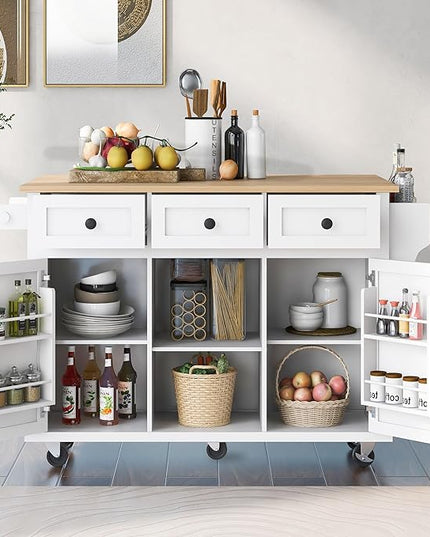 Kitchen Island with Storage, Rolling Table on Wheels w/Drop-Leaf Countertop,Internal Racks, Cabinet, 3 Drawers for Dinning Room, Rubber Wood Contertop - LeafyLoom