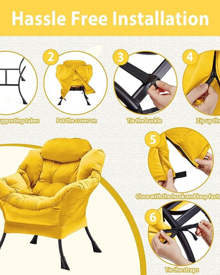 Lazy Chair Thick Padded, Accent Chair Velvet Upholstered with Wide Seat, Stable Metal Frame and Non-Slip Pad, Modern Sofa Armchair with Side Storage Bag for Dorm, Room, Office, Yellow - LeafyLoom