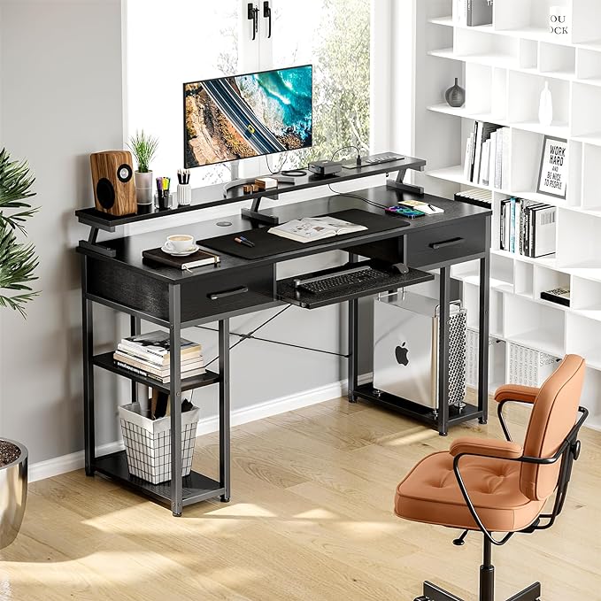 ODK Computer Desk with Drawers & Power Outlet, 48 Inch Office Desk with Keyboard Tray & Storage Shelves & PC Stand, Office Table Work Desk with Monitor Stand, Black - LeafyLoom