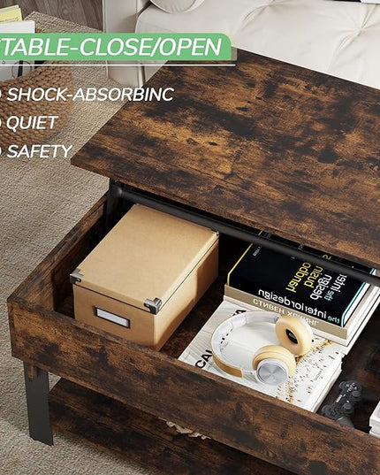 Novilla Modern Lift Top Coffee Table with Storage for Living Room Wodden Lift Tabletop Dining Table with Hidden Compartment and Metal Frame 40 Inch, Rustic Brown - LeafyLoom