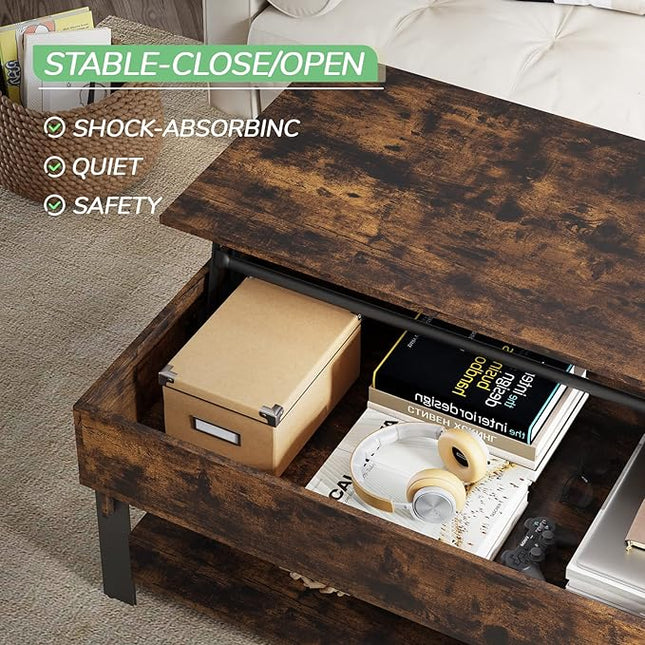 Novilla Modern Lift Top Coffee Table with Storage for Living Room Wodden Lift Tabletop Dining Table with Hidden Compartment and Metal Frame 40 Inch, Rustic Brown - LeafyLoom