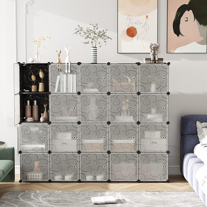 C&AHOME Cube Storage Organizer, 20-Cube Storage Shelving with Doors, Modular Book Shelf, Plastic Shelves Organizing Units, Ideal for Bedroom Living Room 48.4" L × 12.4" W × 60.6" H Black SHS3020B-DOOR - LeafyLoom