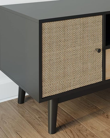 Nathan James Bonnie Modern TV Stand Entertainment Cabinet, Console with a Natural Wood Finish with Storage Doors for Living Media Room, with Drawer, Black Oak/Rattan - LeafyLoom