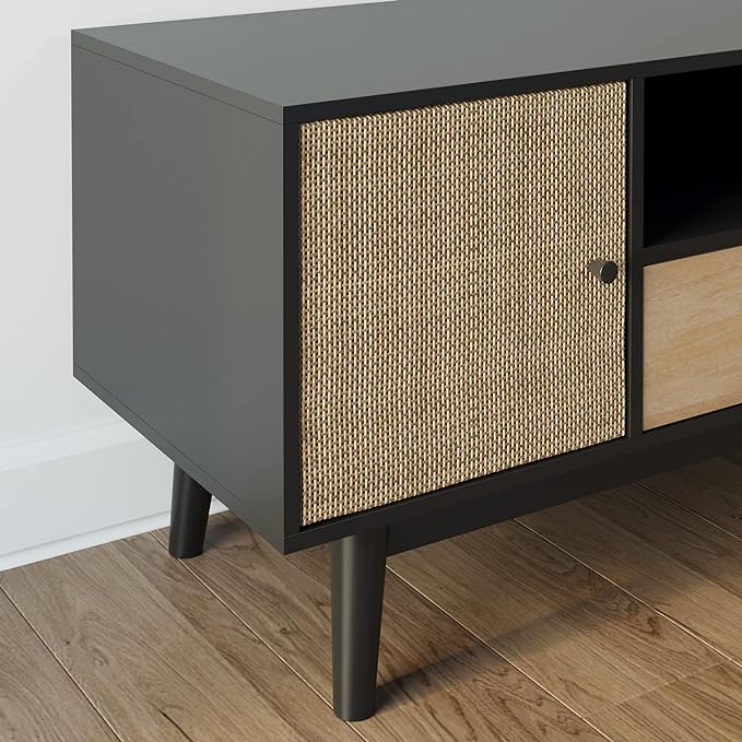 Nathan James Bonnie Modern TV Stand Entertainment Cabinet, Console with a Natural Wood Finish with Storage Doors for Living Media Room, with Drawer, Black Oak/Rattan - LeafyLoom
