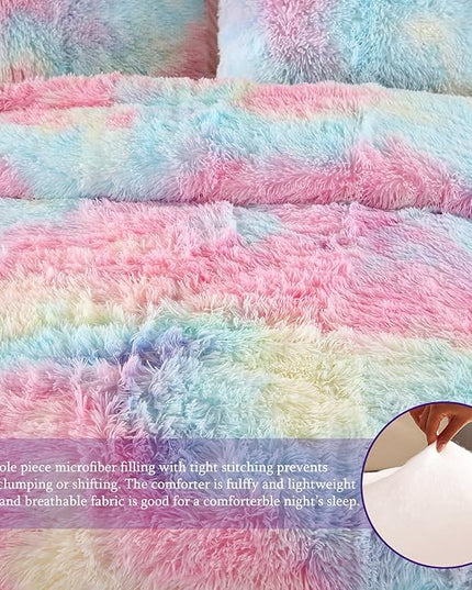 WINLIFE Shaggy Bedding Comforter Set Faux Fur Flannel Furry Comforter Microfiber Long Hair Fluffy Plush Comforter Sets Gradient Ombre Tie Dye MultiColor Bedding for Girls Adults (3Pcs, Full, Rainbow) - LeafyLoom