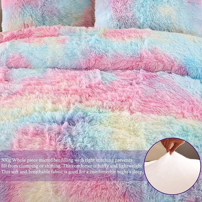 WINLIFE Faux Fur Comforter Set Twin Size for Girls Bedding Plush Shaggy Comforter Sets Gradient Ombre Tie Dye Bed Set Fuzzy Furry Long Hair Fluffy Comforter (3Pcs, Twin, Rainbow) - LeafyLoom