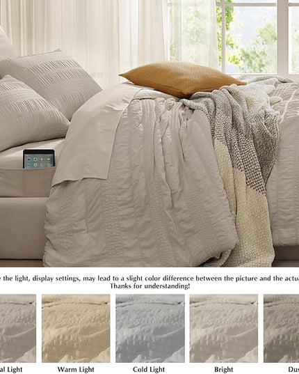 CASAAGUSTO Queen Comforter Set, 7 Pieces Oatmeal Seersucker Bed in a Bag Queen Size Soft All Seasons, Bedding Sets with Comforter, Flat Sheet, Fitted Sheet, 2 Pillow Shams, 2 Pillowcases - LeafyLoom