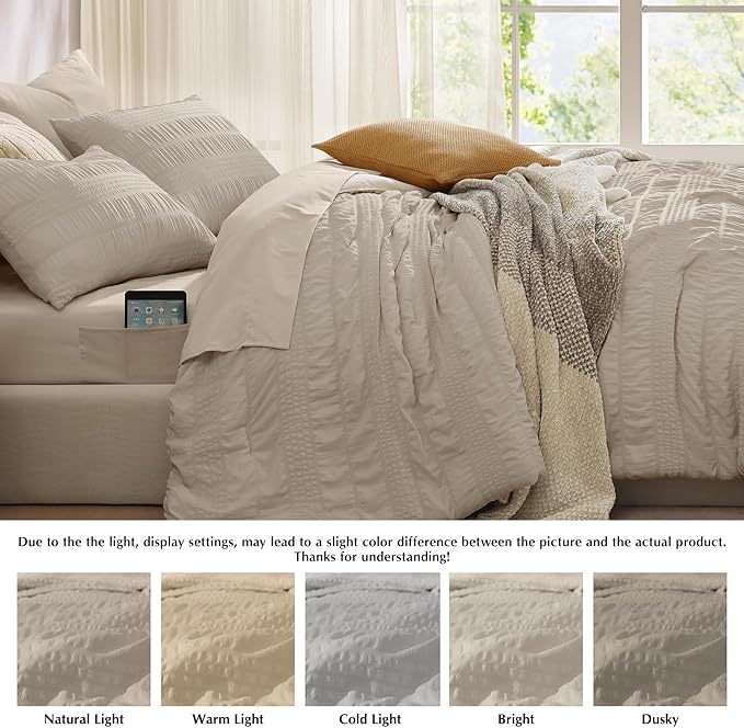 CASAAGUSTO Full Size Comforter Set, 7 Pieces Oatmeal Seersucker Bed in a Bag Full Size Soft All Seasons, Bedding Sets Full with Comforter, Flat Sheet, Fitted Sheet, 2 Pillow Shams, 2 Pillowcases - LeafyLoom
