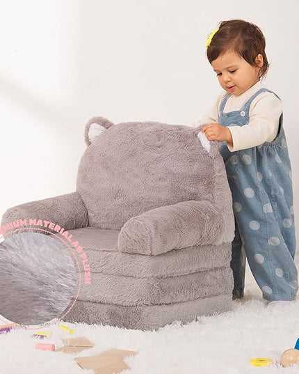 Kids Couch Fold Out Soft Toddler Chairs,Toddler Armrest Chair Bed for Play,Gift for 0-3 Years,Grey Kitty - LeafyLoom