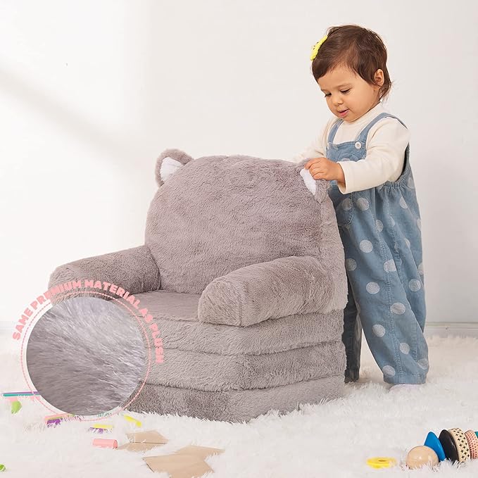 Kids Couch Fold Out Soft Toddler Chairs,Toddler Armrest Chair Bed for Play,Gift for 0-3 Years,Grey Kitty - LeafyLoom
