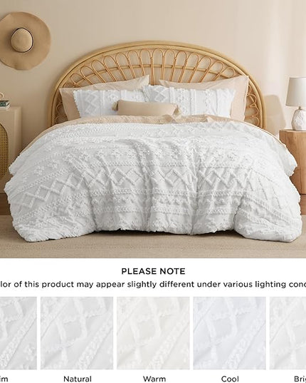 Bedsure Tufted Boho Comforter Set Queen - White Boho Bedding Comforter Set, 3 Pieces Farmhouse Shabby Chic Embroidery Bed Set, Soft Jacquard Comforter for All Seasons - LeafyLoom