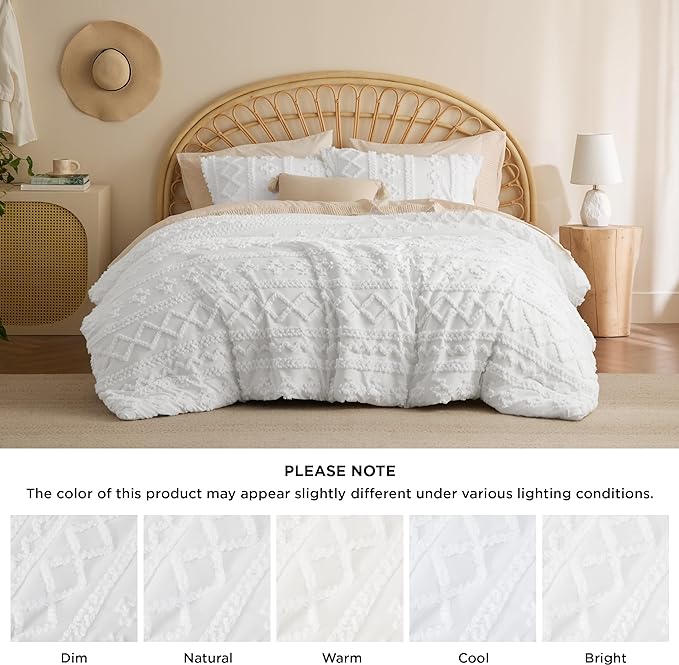Bedsure Tufted Boho Comforter Set Queen - White Boho Bedding Comforter Set, 3 Pieces Farmhouse Shabby Chic Embroidery Bed Set, Soft Jacquard Comforter for All Seasons - LeafyLoom