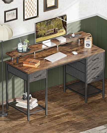 47 inch Computer Desk with 4 Drawers, Gaming Desk with LED Lights & Power Outlets, Home Office Desk with Large Storage Space for Bedroom, Work from Home, Rustic Brown - LeafyLoom