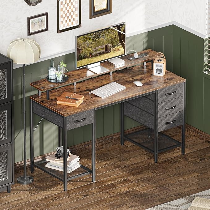 47 inch Computer Desk with 4 Drawers, Gaming Desk with LED Lights & Power Outlets, Home Office Desk with Large Storage Space for Bedroom, Work from Home, Rustic Brown - LeafyLoom