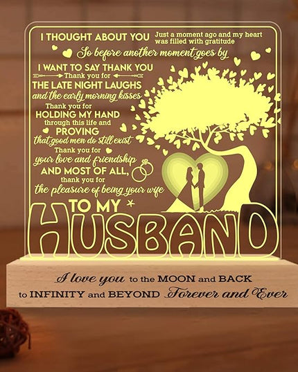 to My Husband Gifts from Wife LED Lamp, Romantic Valentines Gift 3D Illusion Lamp Wood Base USB Powered Acrylic Night Light, Husband Gifts, Fathers Day Presents for Him Husband - LeafyLoom